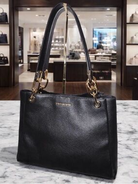 Michael Kors Black Pebbled Leather Double-Handle Shoulder Bag with Gold Hardware